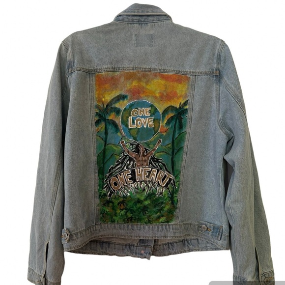 Bob Marley One Love hand painted trucker  jacket - Picture 1 of 5